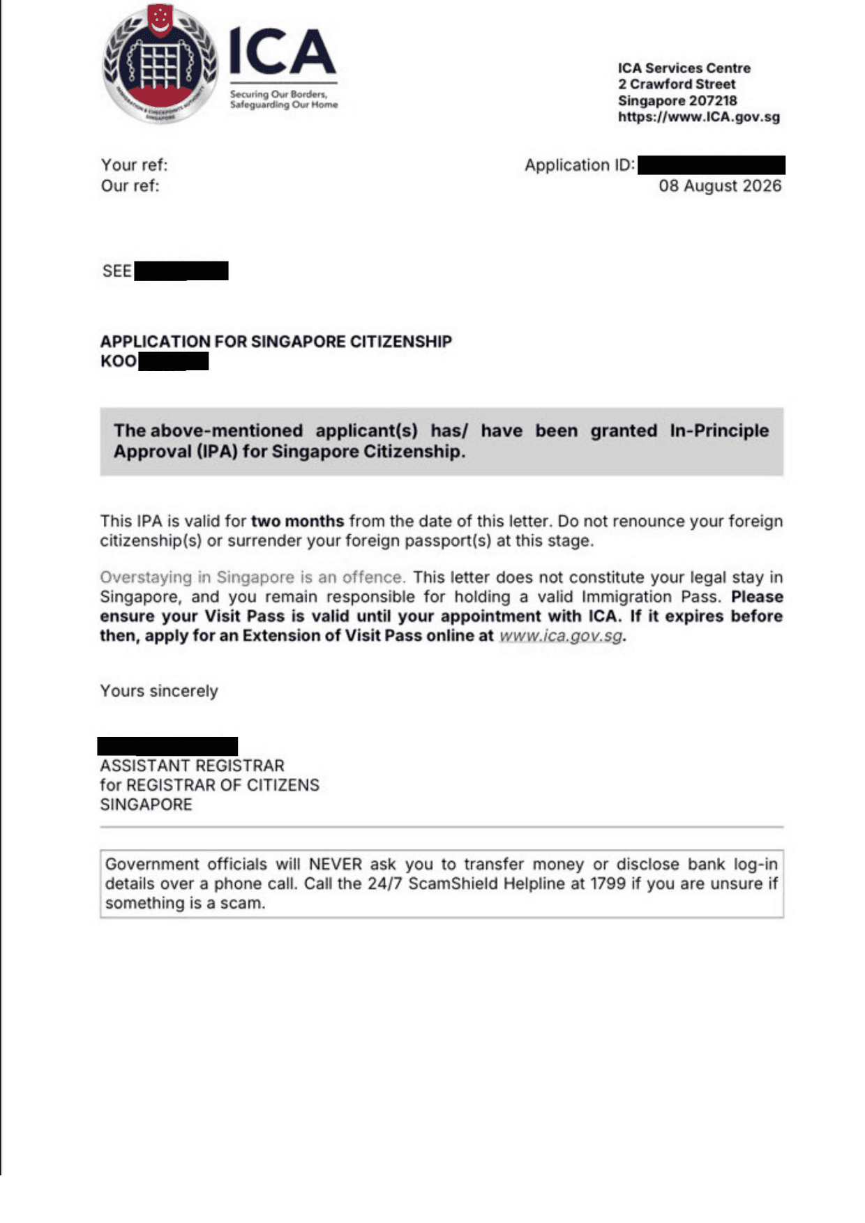 ICA In-Principle Approval letter, client details redacted