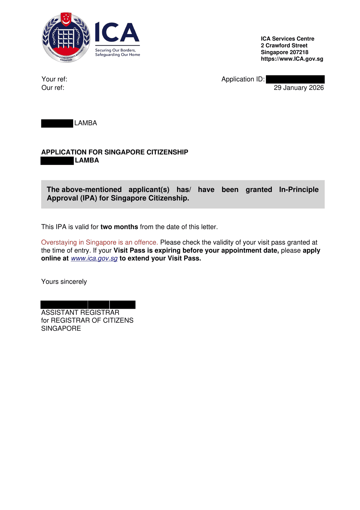ICA In-Principle Approval letter, client details redacted