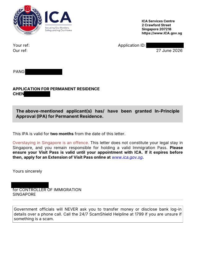ICA In-Principle Approval letter, client details redacted