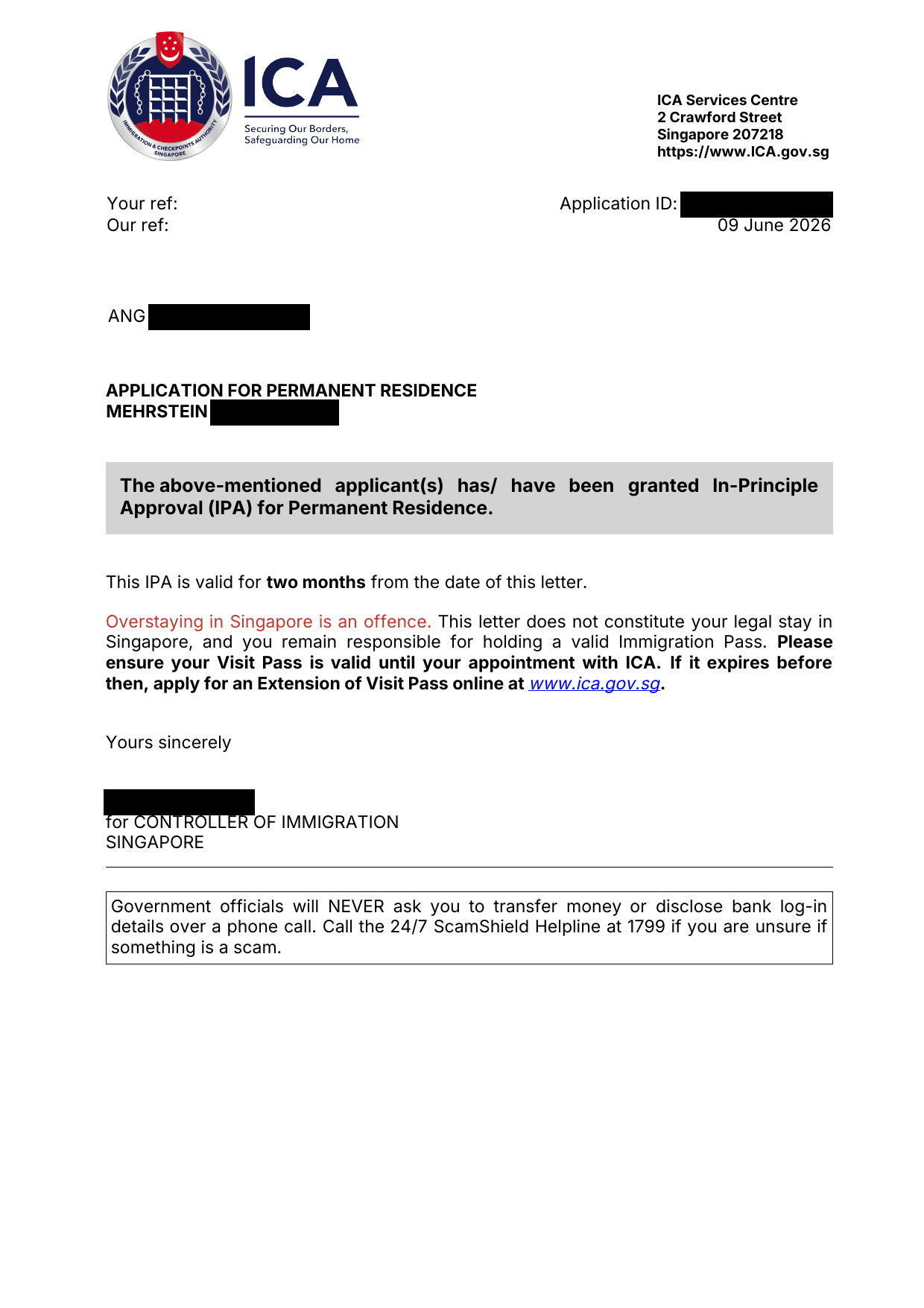ICA In-Principle Approval letter, client details redacted