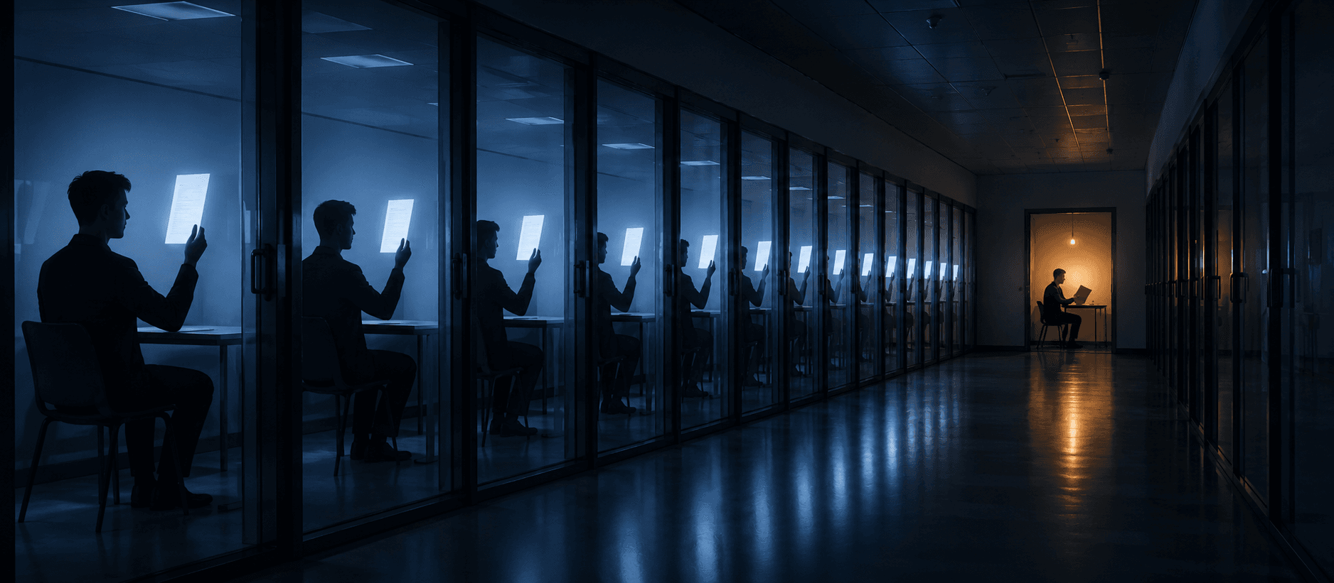Long corridor of glass-walled rooms, each figure holding an identical glowing document, one warm amber silhouette at the far end holding something physical