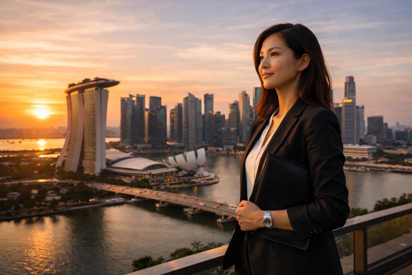 Confident businesswoman against Singapore sunset skyline — Singapore PR eligibility