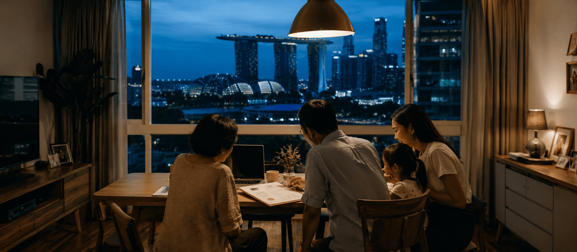 黄昏时分的新加坡城市天际线,前景为蓝色身份证(IC)图案,象征永久居民申请流程