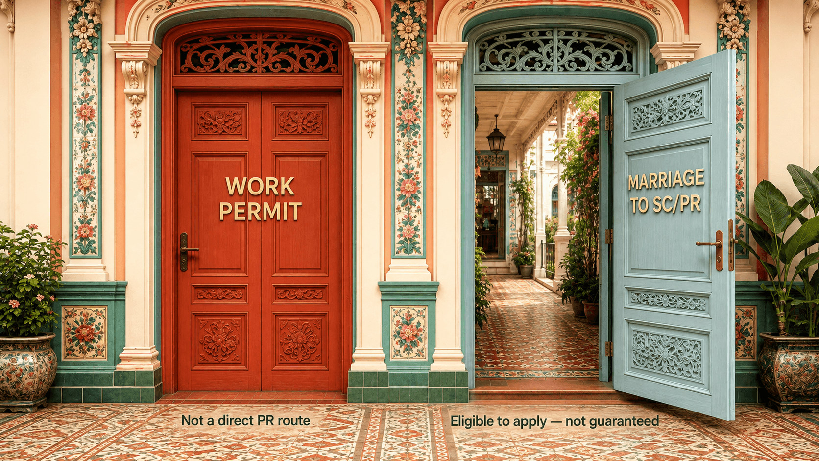 两扇并排的土生华人装饰门:左侧是标注 "WORK PERMIT(非直接 PR 途径)" 的关闭红色门,右侧是标注 "MARRIAGE TO SC/PR(具备申请资格,但非保证获批)" 的开启青色门